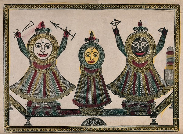 The Jaganath triad. Coloured engraving by an Indian artist, 1800s.