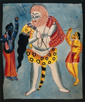 Shiva carries Parvati on his back, flanked two other deities. Gouache painting by an Indian artist, 18--.