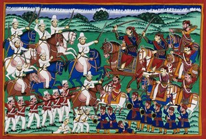 view The Rani of Jhansi leads her troops in the siege of Jhansi fort. Gouache painting by an Indian painter, 18--.