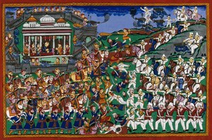 view The Rani of Jhansi leads dressed as a man fights the British cavalry. Gouache painting by an Indian artist, 18--.