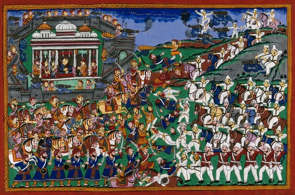 The Rani of Jhansi leads dressed as a man fights the British cavalry. Gouache painting by an Indian artist, 18--.