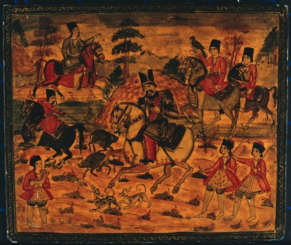 'Ali Nasr Al-Dīn Shāh hunting boar. Gouache painting by a Persian artist, Qajar period.