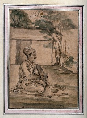 A seated Mughal court attendant in a garden. Gouache preparatory painting, by an Indian artist, Mughal period.