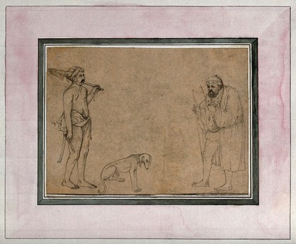 An Indian labourer encounters a old man with a stick and a fan, a dog sits down in the space between them. Gouache preparatory painting by an Indian artist, Mughal period.