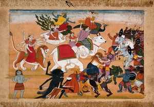 view A battle between animals, divs and Hindu deities. Gouache painting by an Indian artist, ca. 1600.