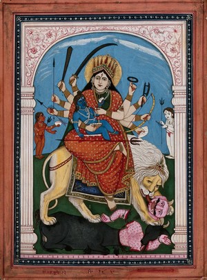 view Durga mounted on a lion killing the buffalo demon Mahishasura. Gouache painting by an Indian artist.