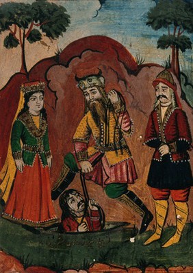 Rustam rescues Bihzan from the pit, watched by Manizeh. Gouache painting by an Indian artist, ca. 1800.