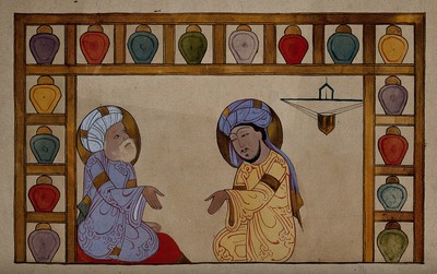 Two men seated with pharmacy vessels on shelves around. Gouache painting, ca. 1910 (?).