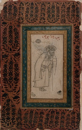 A man standing, holding tasbih and a stick. Ink drawing.