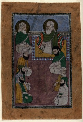 A holy man and seven followers, all seated. Gouache painting.