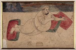 view A fat eunuch reclining on cushions. Coloured ink drawing.