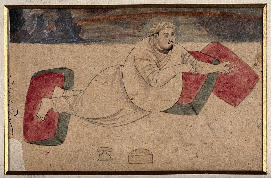 A fat eunuch reclining on cushions. Coloured ink drawing.