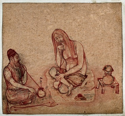 A sadhu and another man smoking hookahs. Drawing.