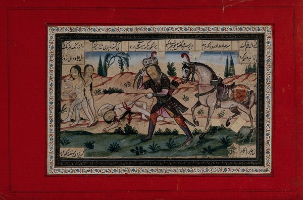 A warrior stabs with a dagger a woman tied round the neck with a cord, as two other women flee. Gouache painting.