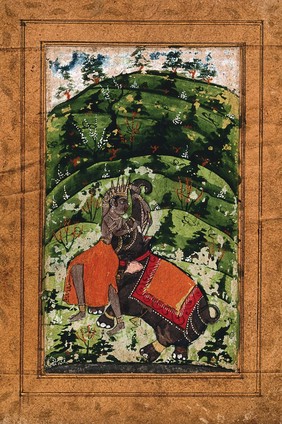 An Indian deity wrestles with an elephant. Gouache painting by an Indian artist, ca. 1650(?).