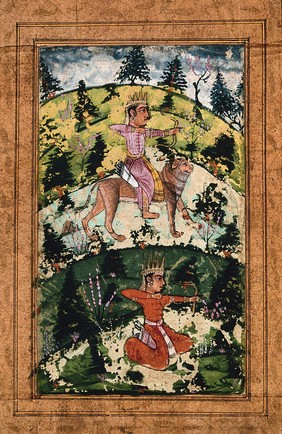 Two Indian deities in the form of archers, one riding a lion. Gouache painting by an Indian artist, ca. 1650(?).