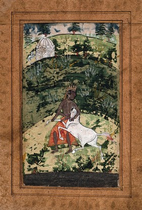 An Indian deity wrestles with a white horse. Gouache painting by an Indian artist, ca. 1650(?).