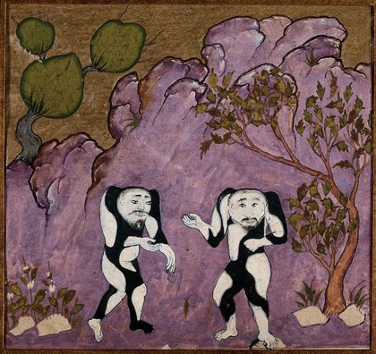 A pair of fabulous creatures, human in appearance but with no necks and with black and white patterns over their bodies. Gouache painting by an Persian artist, ca. 1600(?).