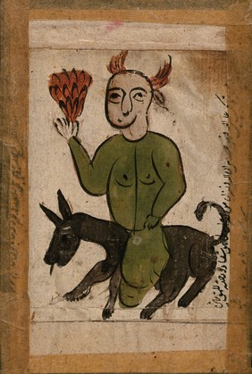 A man riding on a donkey. Gouache painting by an Indian artist (?).