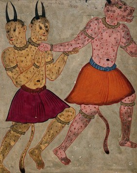 Two spotted divs, one of them with two heads. Gouache painting by a Persian artist, possibly Indian ca. 1650 (?).