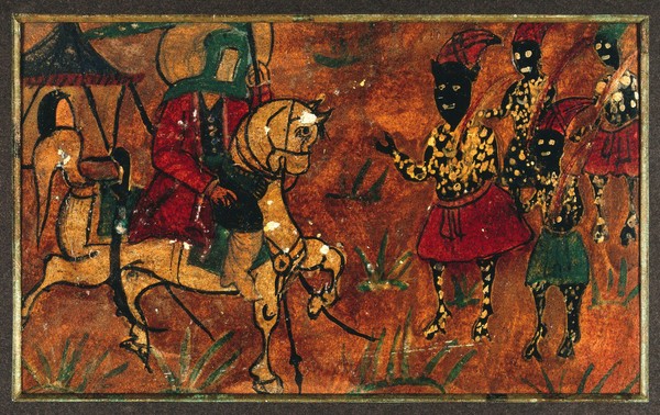 The prophet Muhammad with a halo riding on a horse and greeted by the peoples of north Africa. Gouache painting.