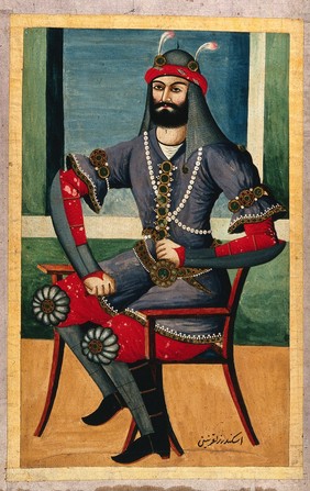 Iskandar Zulqarnain. Gouache painting by a Persian artist, Qajar period.