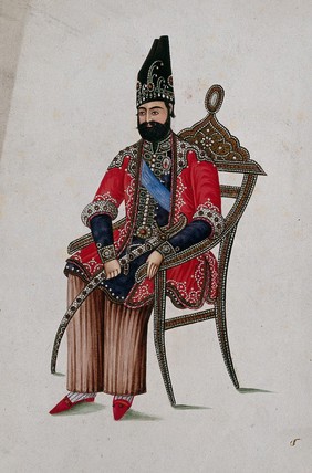 An unidentified Qajar monarch in ceremonial dress with sword, seated on a gold chair. Gouache painting by a Persian artist, Qajar period.