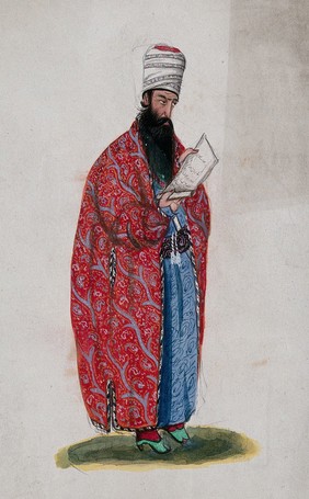 An unidentified Persian astrologer or mathematician. Gouache painting by a Persian artist, Qajar period.