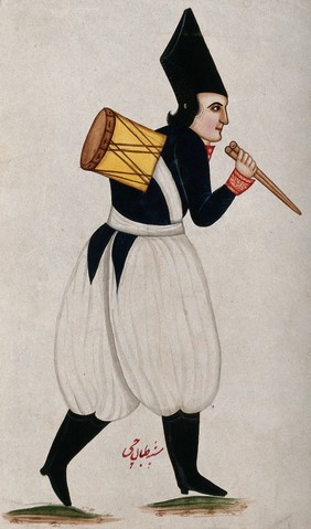 A Persian military drummer. Gouache painting by a Persian artist, Qajar period.