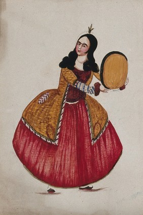 A Qajar woman wearing a European, hooped dress and bodice, carrying a yellow, oval object, possibly a mirror. Gouache painting by an Persian artist, Qajar period.