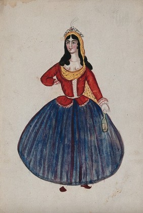 A parody of a European woman. Gouache painting by a Persian artist, Qajar period.