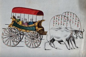 view Four Turkish women being carried in an ox-cart. Watercolour.