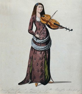 A woman from the Sultan's seraglio in Istanbul playing the violin. Watercolour.