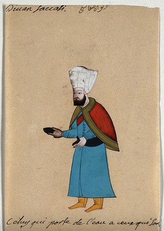 A Turkish (?) man carrying a bowl. Gouache.