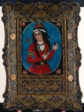 A young man holding a rod with a shaped end (sceptre?) and a round object. Reverse glass painting by a Qajar artist, 182-.