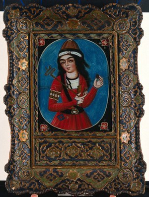 view A young man holding a rod with a shaped end (sceptre?) and a round object. Reverse glass painting by a Qajar artist, 182-.
