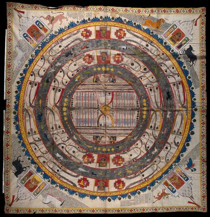 Jambūdvīpa, the central continent of the middle world in Jain cosmology. Watercolour.
