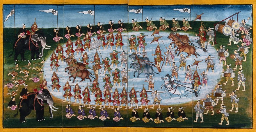 Burma: members of the royal family accompanied by courtiers and drummers drive oxen through a rice paddy to inaugurate the annual crop. Gouache painting.