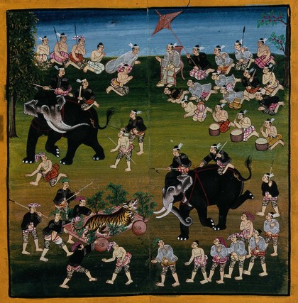 Burma: hunters on elephants confront a tiger on a wagon. Gouache painting.