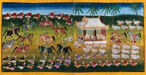 view Burma: horsemen play polo as courtiers pay homage to the king. Gouache painting.