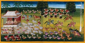 view Burma: horsemen demonstrating their skill with the javelin as courtiers pay homage to the king. Gouache painting.