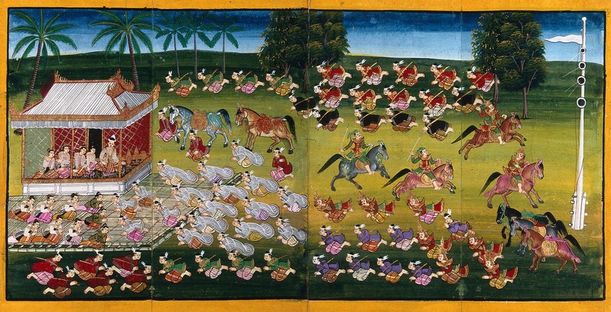 Burma: horsemen demonstrating their skill with the javelin as courtiers pay homage to the king. Gouache painting.