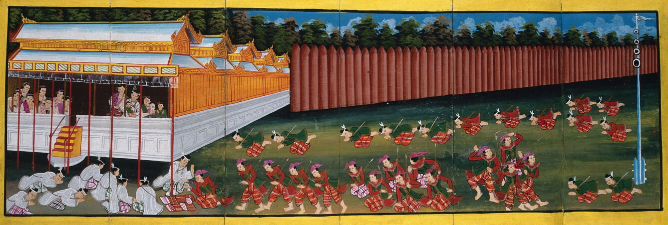 Burma: sportsmen show their prowess with the javelin while courtiers pay homage to a princess. Gouache painting.