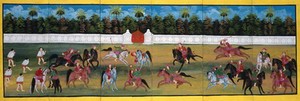 view Burma: courtiers playing polo. Gouache painting.