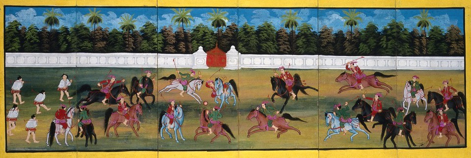 Burma: courtiers playing polo. Gouache painting.
