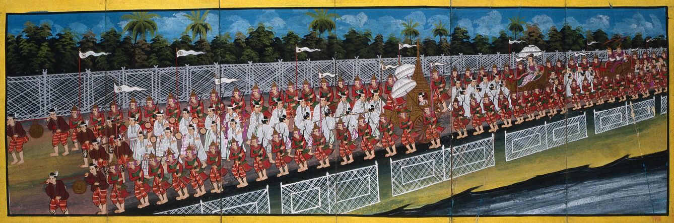 Burma: a procession of courtiers over a bridge accompanying royal persons in carriages. Gouache painting.