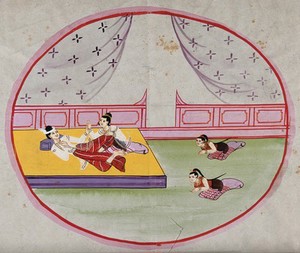 view Burma: two figures reclining on a bed in a palace, while two servants pay homage. Watercolour.