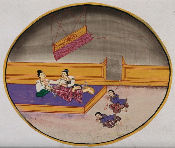 Burma: two figures reclining on a bed in a palace, while one servant swings a punkah and another pays homage. Watercolour.