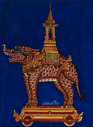view A model of a monstrous four-footed creature standing on a wagon with a howdah on its back. Gouache.