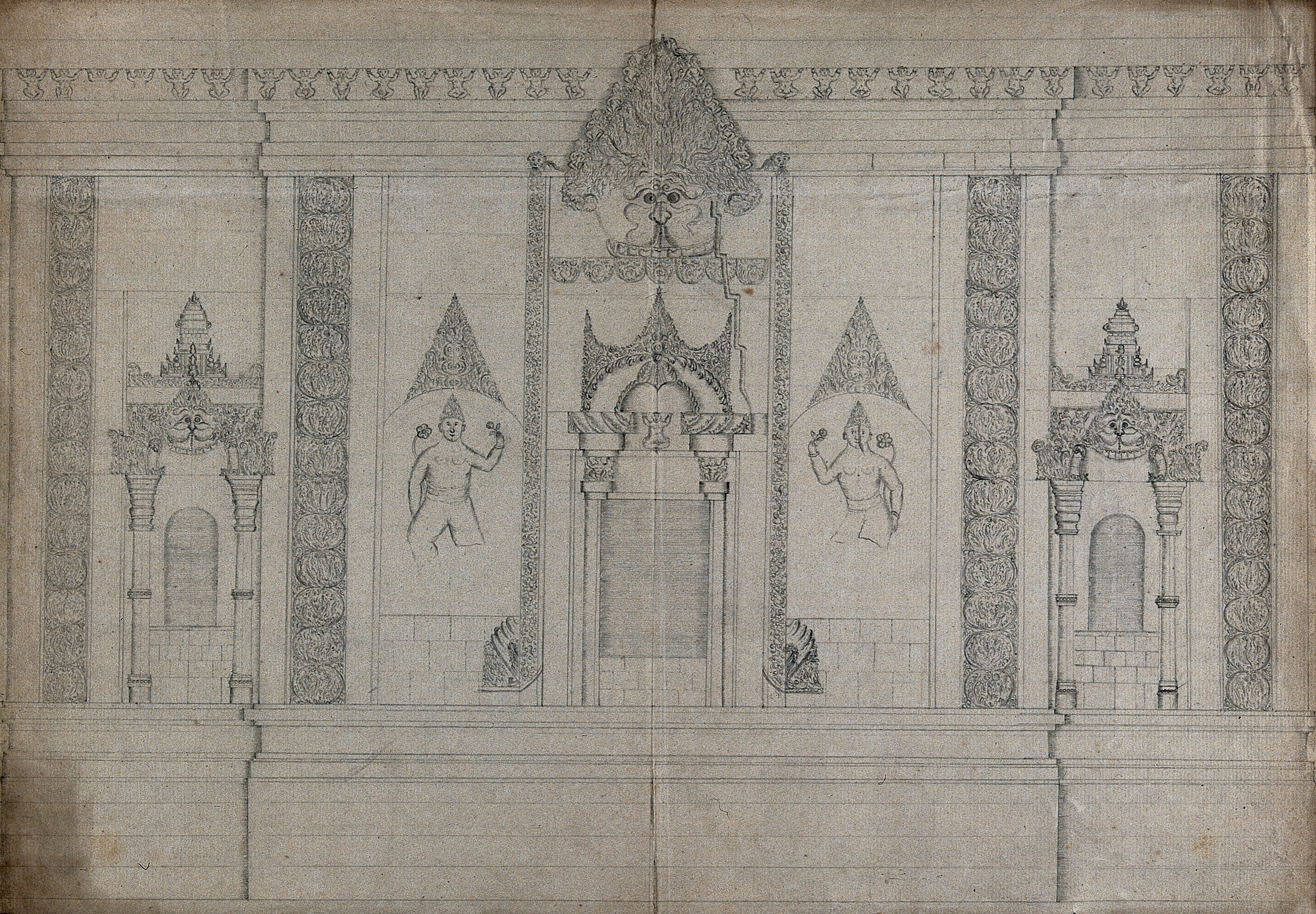 A Wall Of Temple Sculpture Pencil Drawing Wellcome Collection